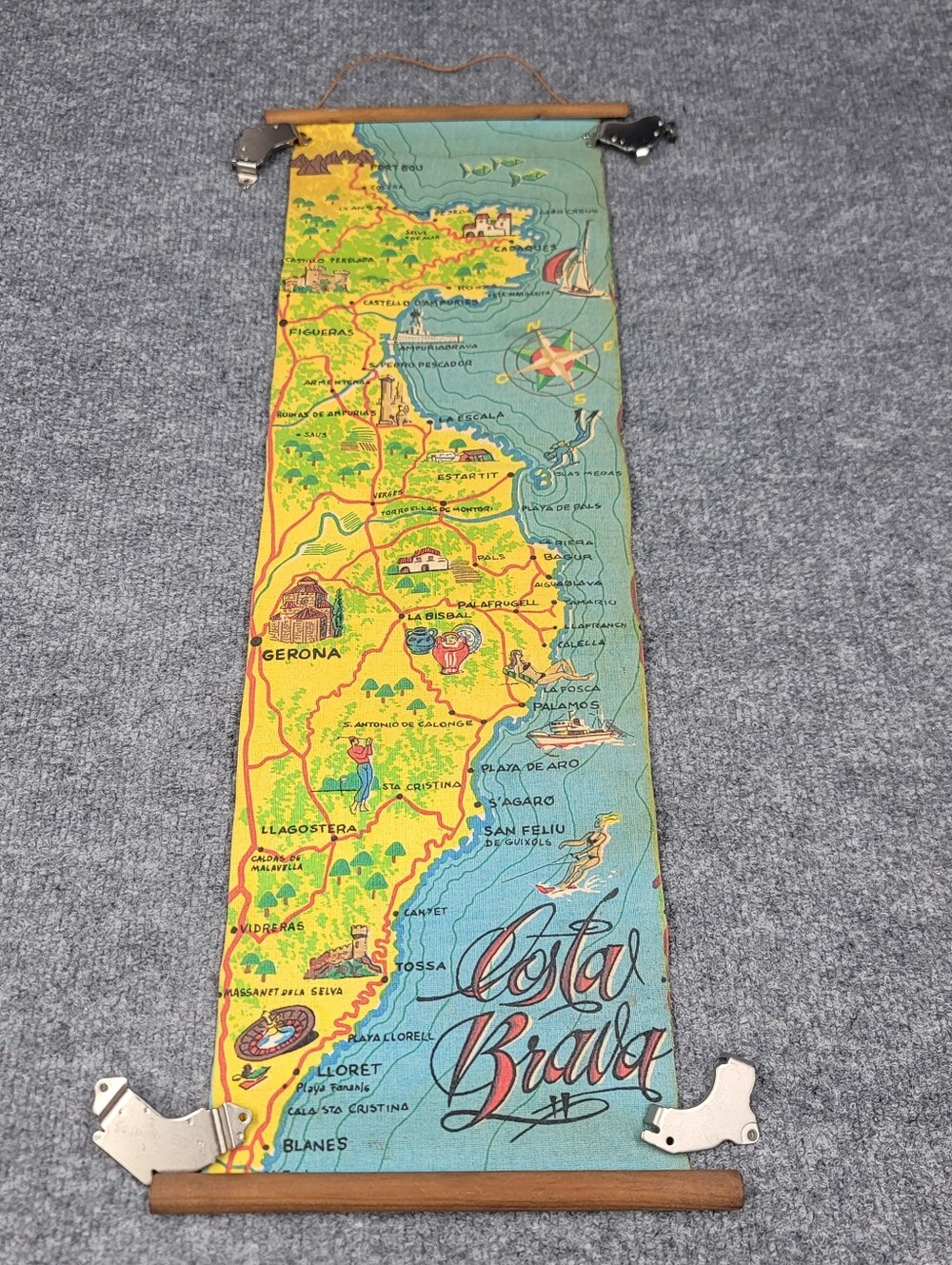 Vintage Costa Brava Spain Tourist Visitors Guide Map Wall Hanging